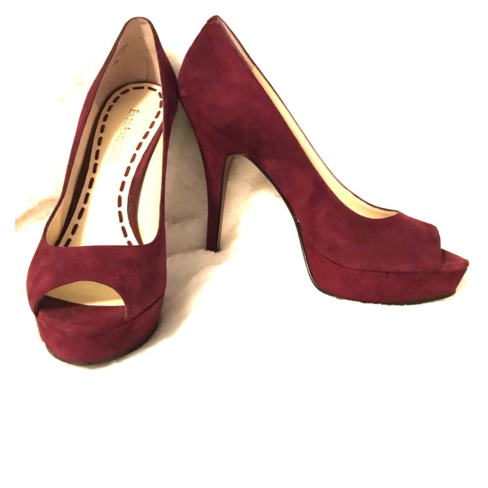 Suede Oxblood Peep Toe Platform Heels